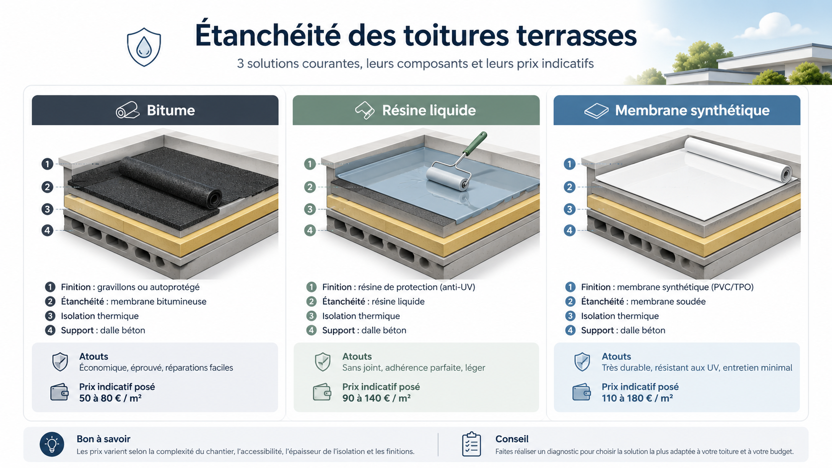 Prix de l’étanchéité d’une toiture terrasse en 2026 : tarifs, solutions et conseils